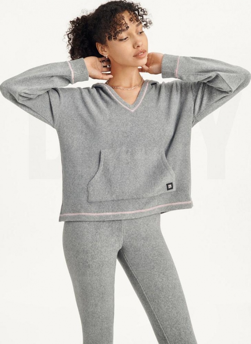 Grey DKNY Long Sleeve Hooded Top And Legging Set Women\'s Pajamas | USA-D1616