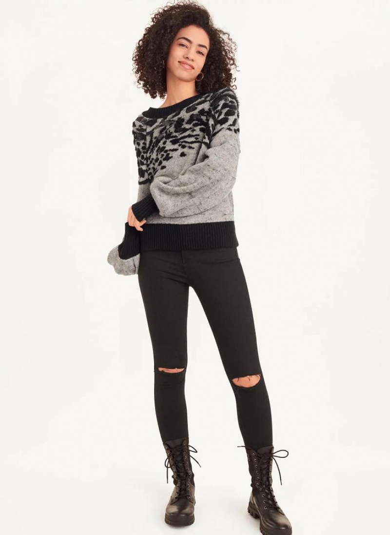 Grey DKNY Long Sleeve Puff Crew Neck W-Sequin Detail Women's Sweaters | USA-D0262