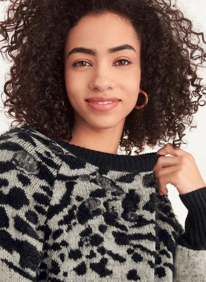 Grey DKNY Long Sleeve Puff Crew Neck W-Sequin Detail Women's Sweaters | USA-D0262