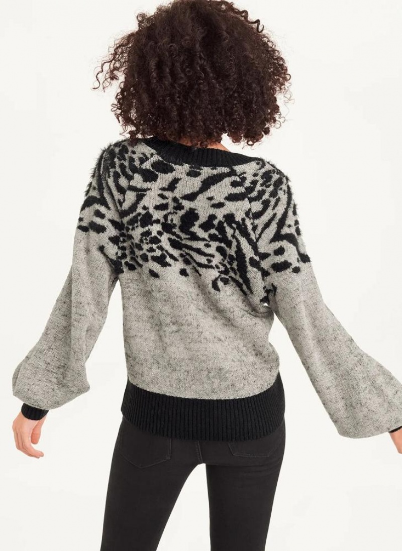 Grey DKNY Long Sleeve Puff Crew Neck W-Sequin Detail Women's Sweaters | USA-D0262
