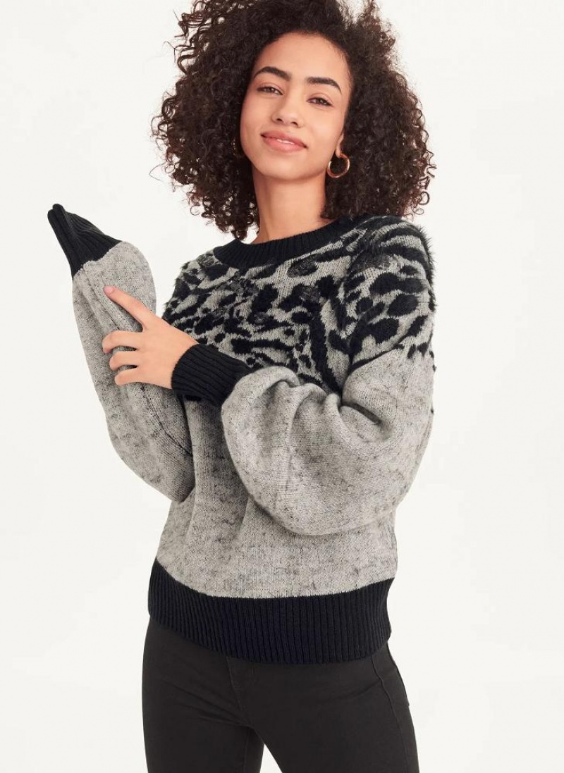 Grey DKNY Long Sleeve Puff Crew Neck W-Sequin Detail Women\'s Sweaters | USA-D0262
