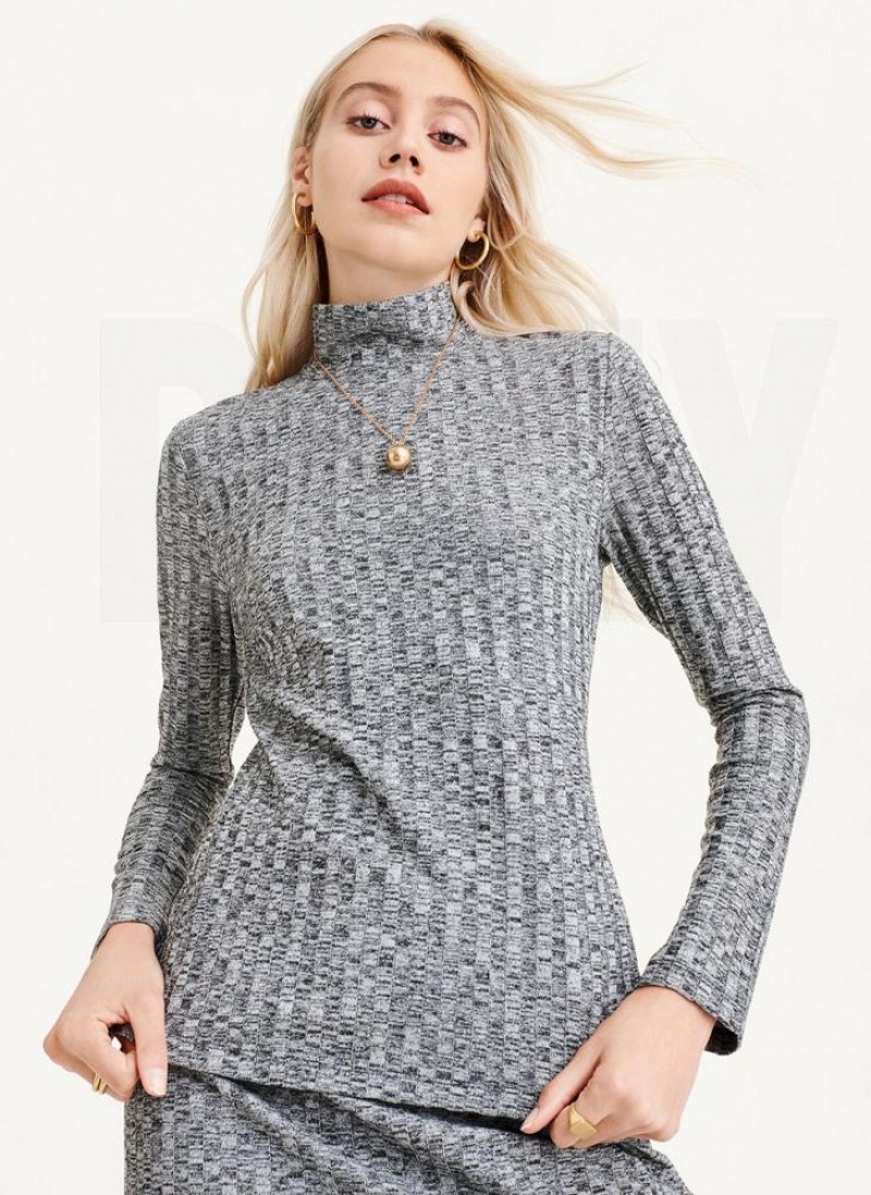 Grey DKNY Long Sleeve Turtleneck Ribbed Top Women\'s Sweaters | USA-D0547