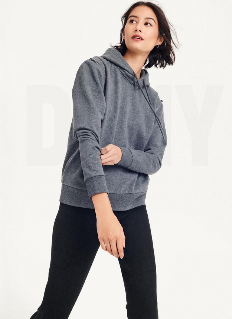 Grey DKNY Long Sleeve Zipper Shoulder With Detachable Women\'s Hoodies | USA-D1929