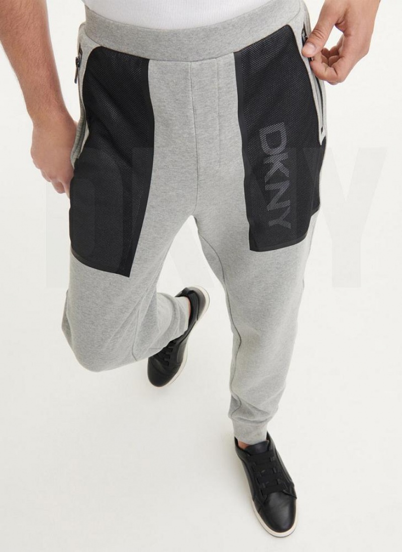 Grey DKNY Mesh Pocket Logo Men's Pants | USA-D1365