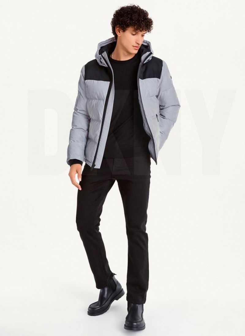 Grey DKNY Mixed Media Classic Men's Puffer Jacket | USA-D0927