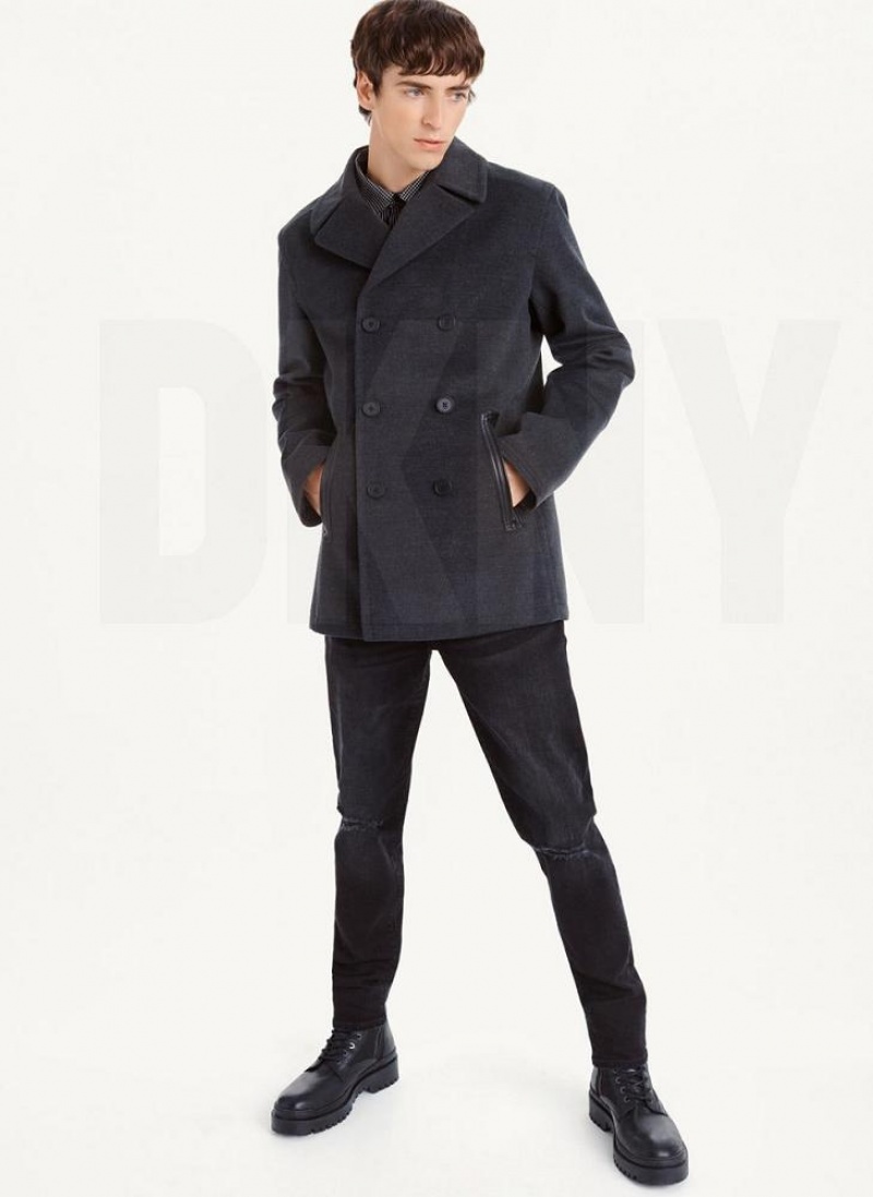 Grey DKNY Peacoat With Faux Leather Trim Men's Coats | USA-D0713