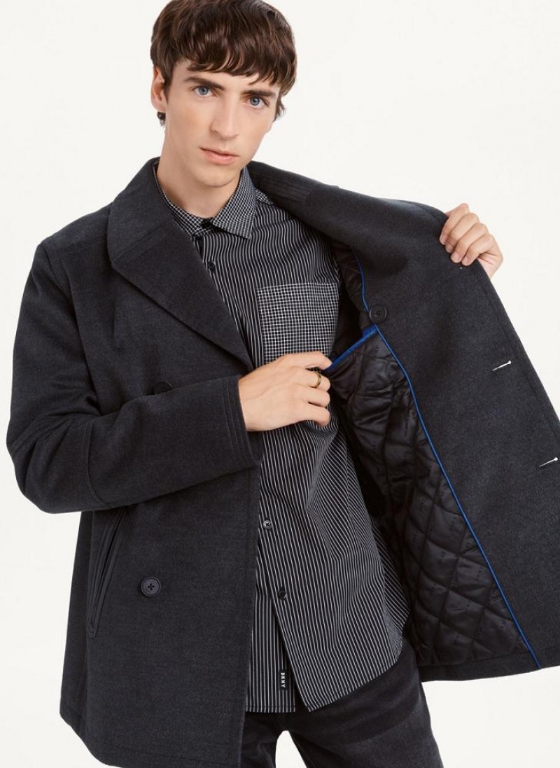 Grey DKNY Peacoat With Faux Leather Trim Men's Coats | USA-D0713