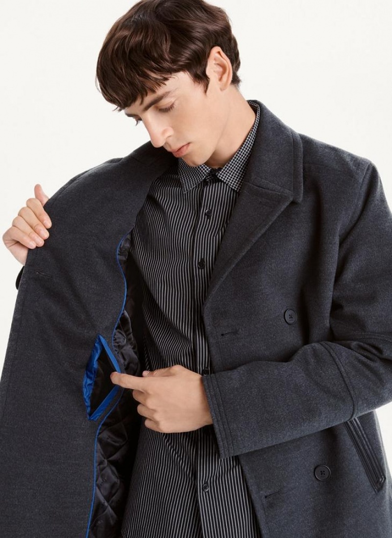 Grey DKNY Peacoat With Faux Leather Trim Men's Coats | USA-D0713