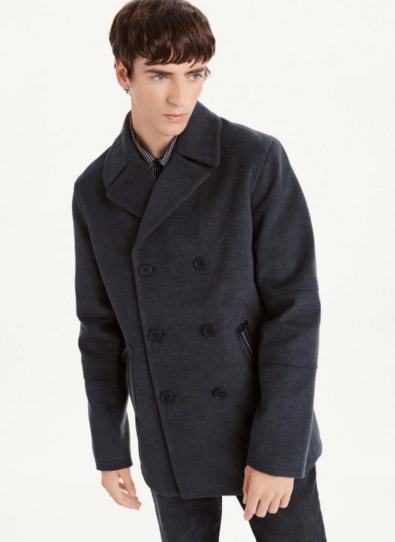 Grey DKNY Peacoat With Faux Leather Trim Men\'s Coats | USA-D0713