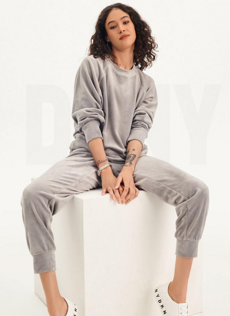 Grey DKNY Platinum Velour Pullover Women's Sweatshirts | USA-D0985