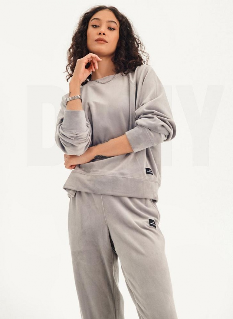 Grey DKNY Platinum Velour Pullover Women's Sweatshirts | USA-D0985