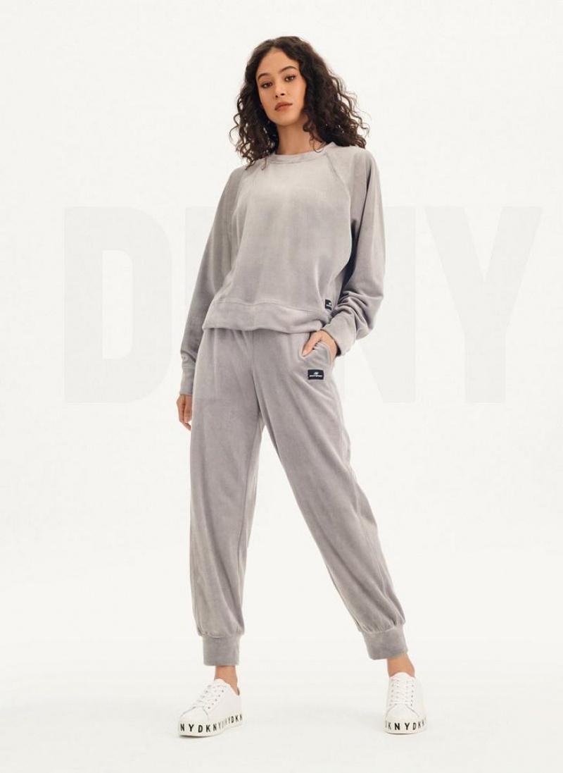 Grey DKNY Platinum Velour Pullover Women\'s Sweatshirts | USA-D0985