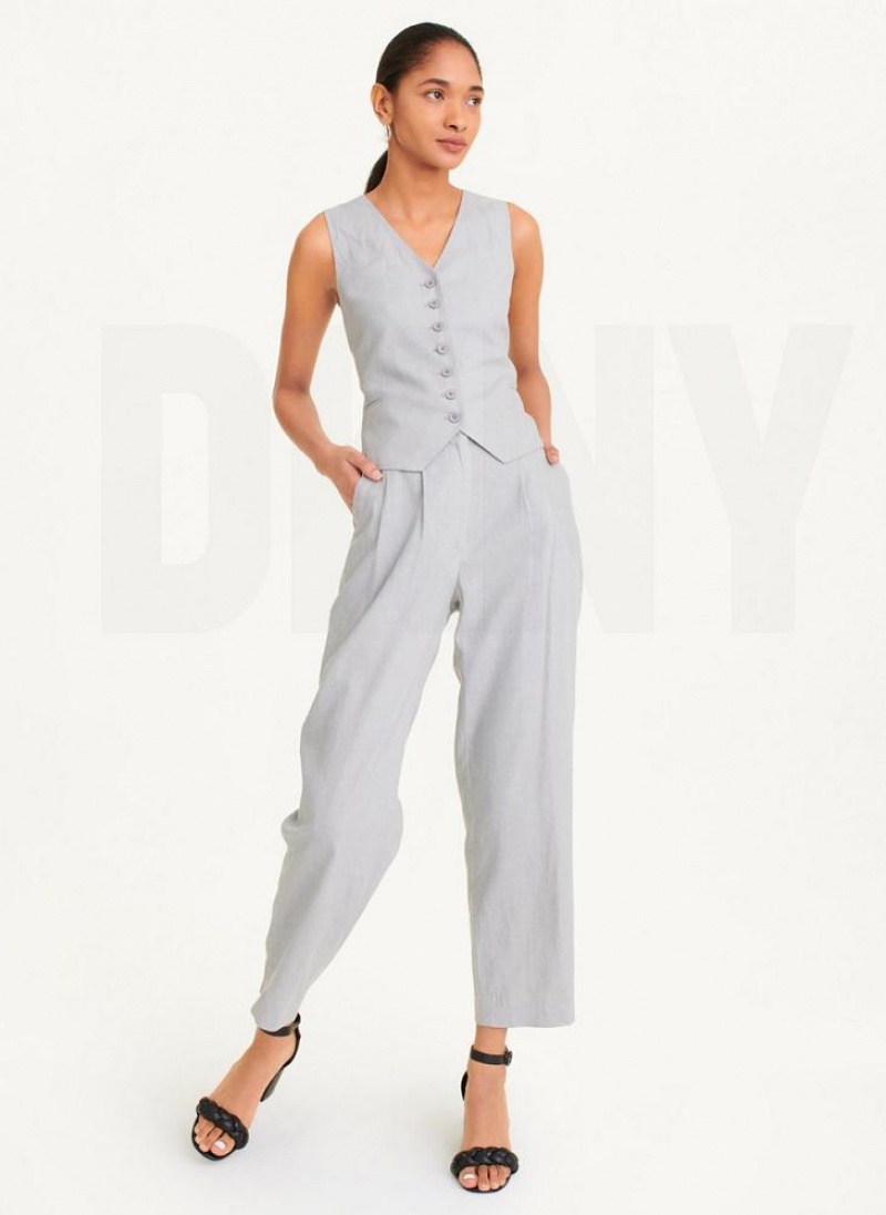 Grey DKNY Pleated Linen Women's Pants | USA-D1752