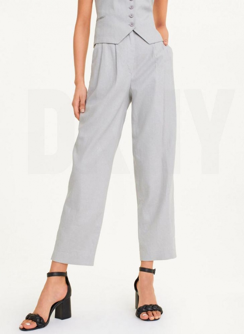 Grey DKNY Pleated Linen Women\'s Pants | USA-D1752