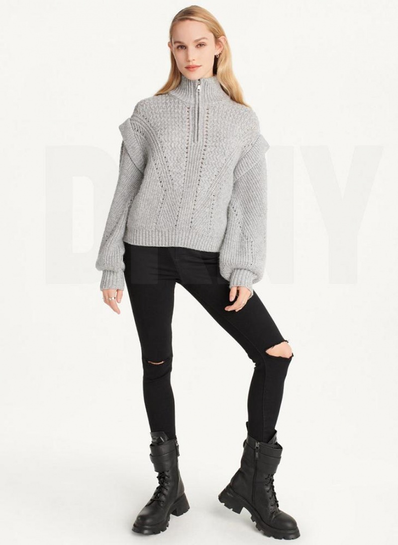 Grey DKNY Quarter Zip Cable Knit Women's Sweaters | USA-D0976