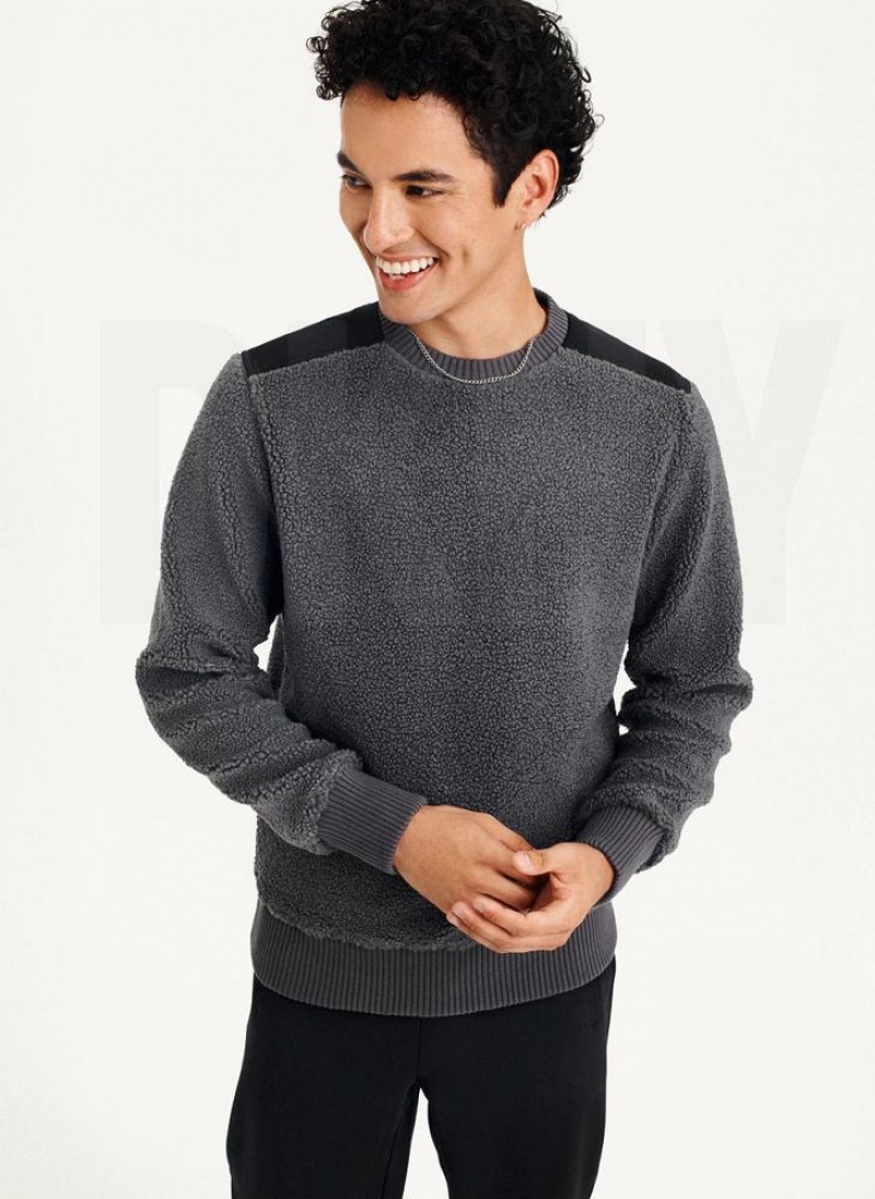 Grey DKNY Sherpa Long Sleeve Crew Men's Sweatshirts | USA-D1809