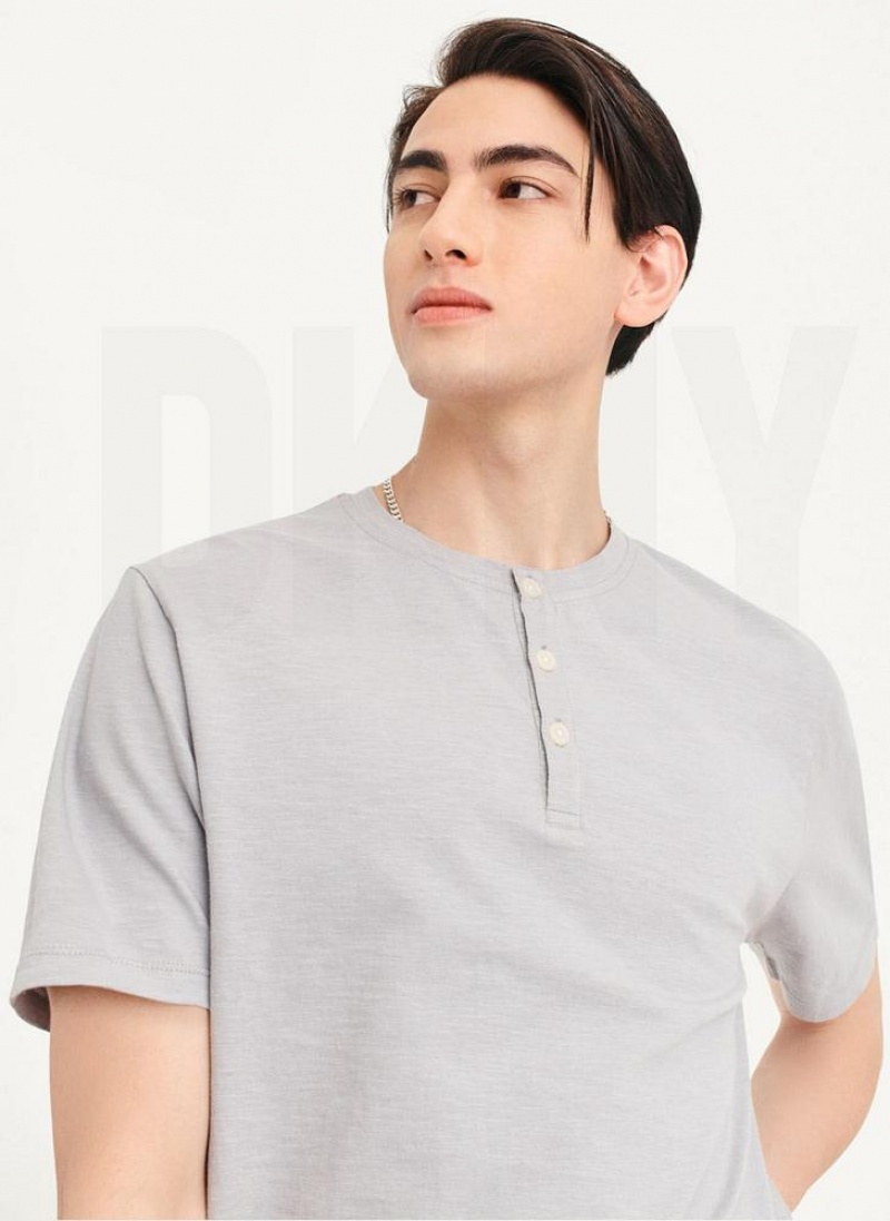 Grey DKNY Slub Jersey Henley Men's T Shirts | USA-D0390