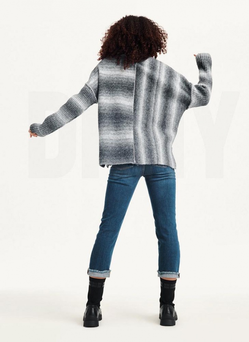 Grey DKNY Striped Oversized Fitted Sleeve Women's Sweaters | USA-D1229