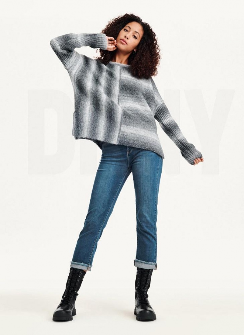 Grey DKNY Striped Oversized Fitted Sleeve Women's Sweaters | USA-D1229