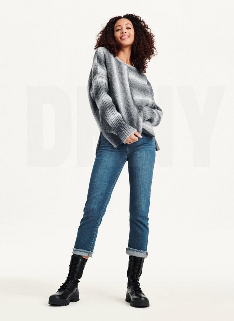 Grey DKNY Striped Oversized Fitted Sleeve Women's Sweaters | USA-D1229