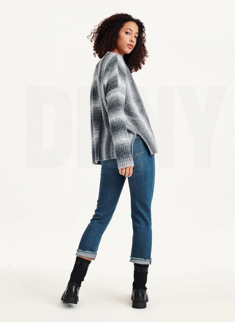 Grey DKNY Striped Oversized Fitted Sleeve Women's Sweaters | USA-D1229