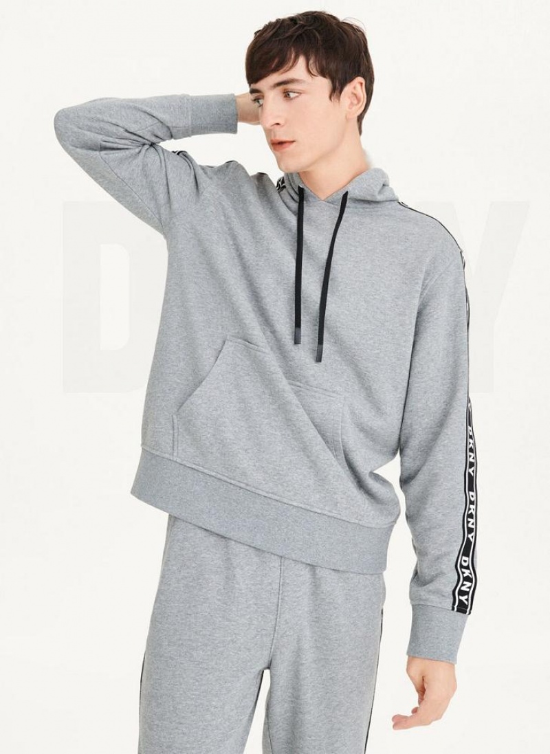 Grey DKNY Taped Logo Men's Hoodies | USA-D0312