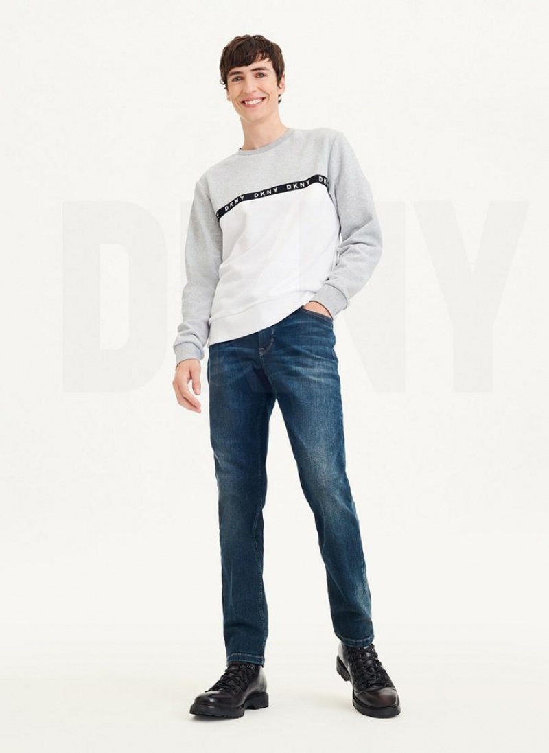 Grey / White DKNY Logo Fleece Crew Men's Sweatshirts | USA-D1880