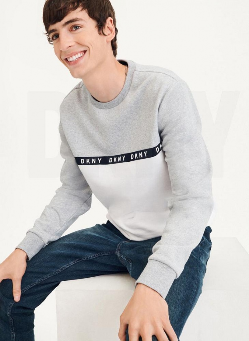 Grey / White DKNY Logo Fleece Crew Men's Sweatshirts | USA-D1880
