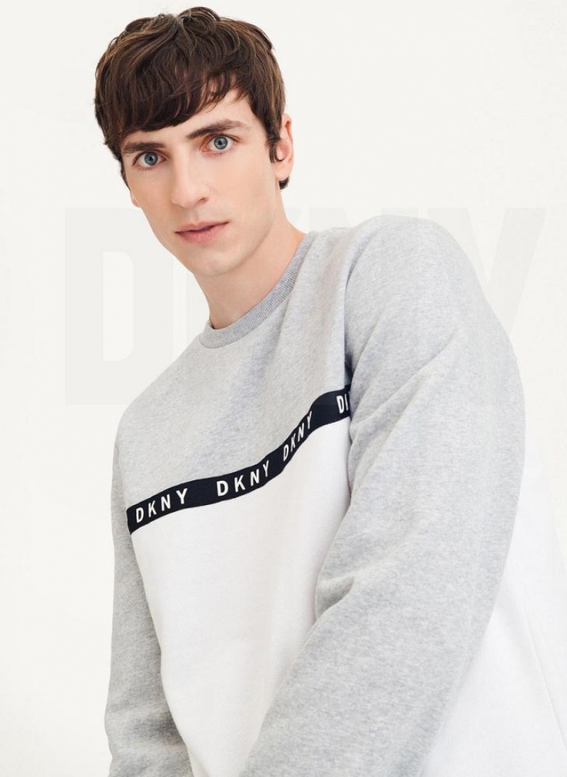 Grey / White DKNY Logo Fleece Crew Men's Sweatshirts | USA-D1880