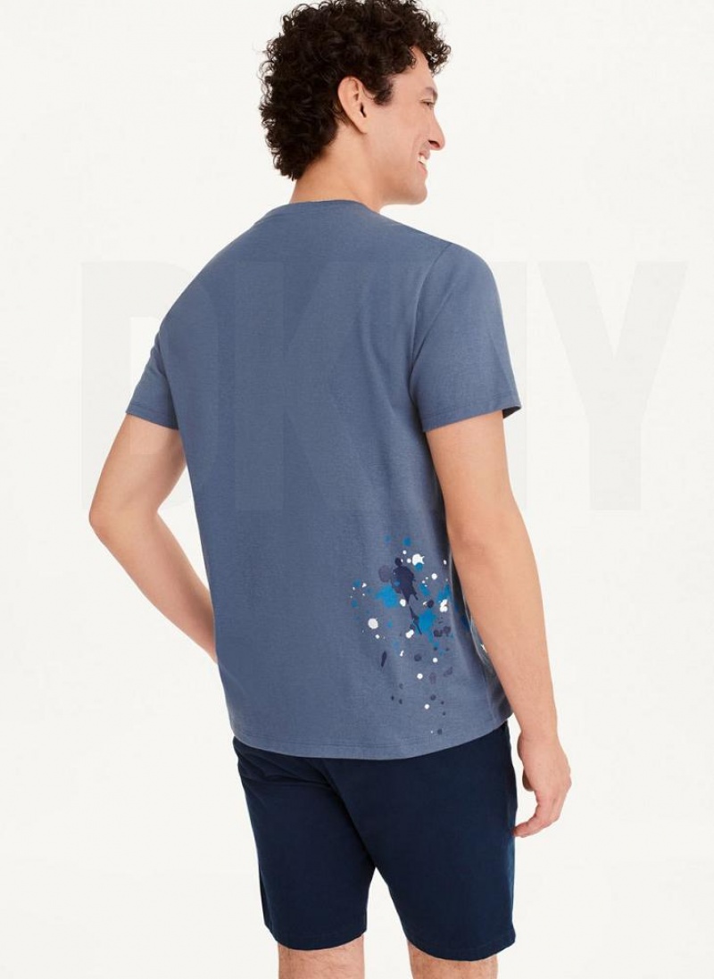 Indigo DKNY Paint Splatter Men's T Shirts | USA-D0563