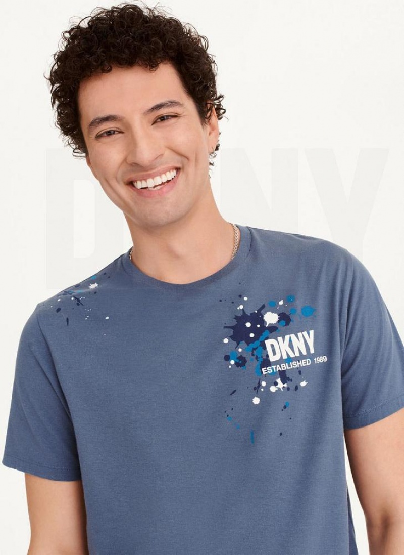 Indigo DKNY Paint Splatter Men's T Shirts | USA-D0563
