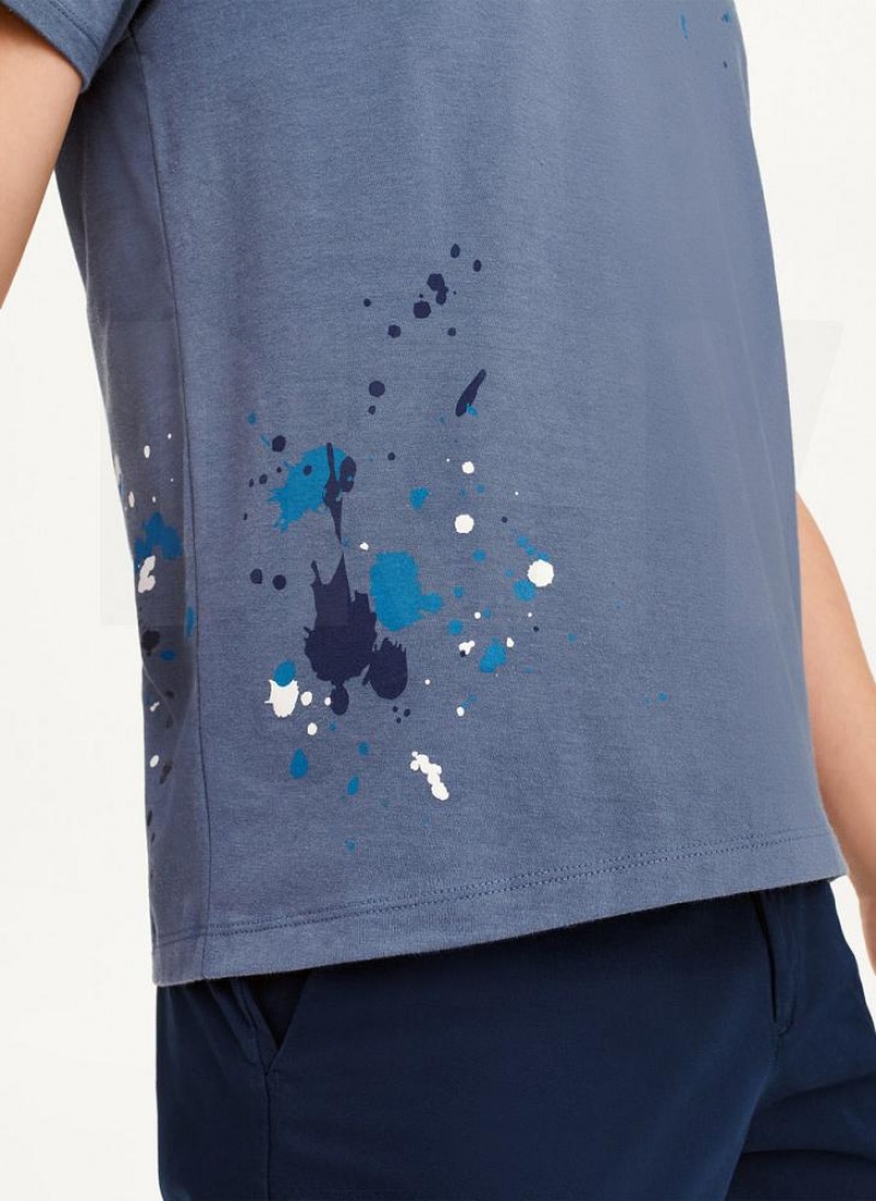 Indigo DKNY Paint Splatter Men's T Shirts | USA-D0563