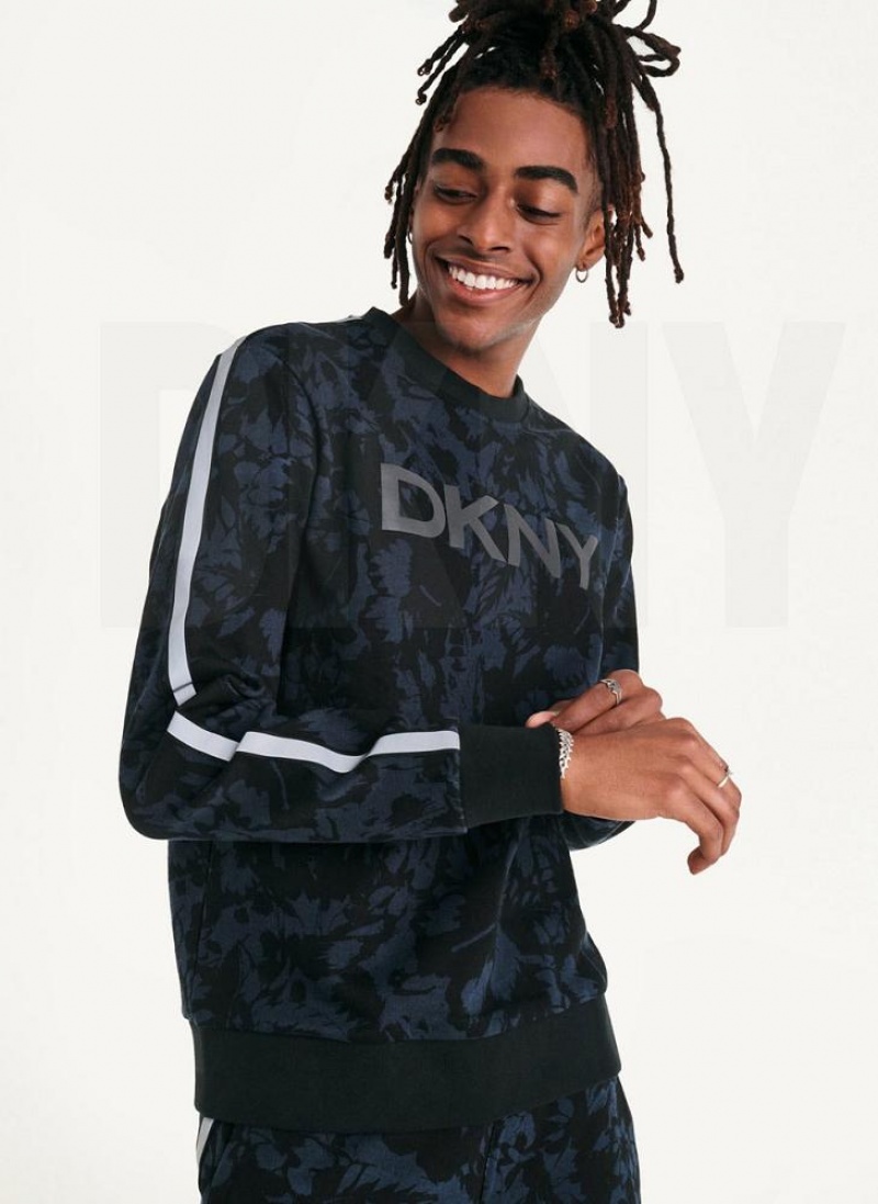 Indigo DKNY Tropical Print French Terry Crewneck Men's Sweatshirts | USA-D1094