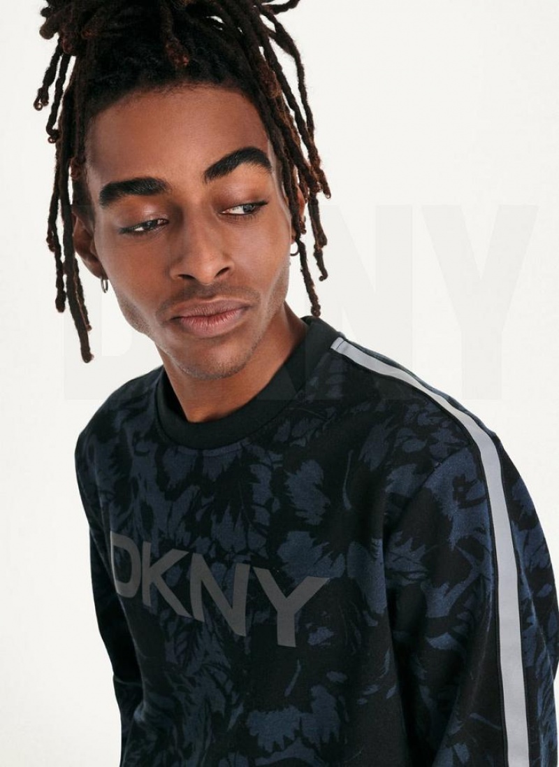 Indigo DKNY Tropical Print French Terry Crewneck Men's Sweatshirts | USA-D1094