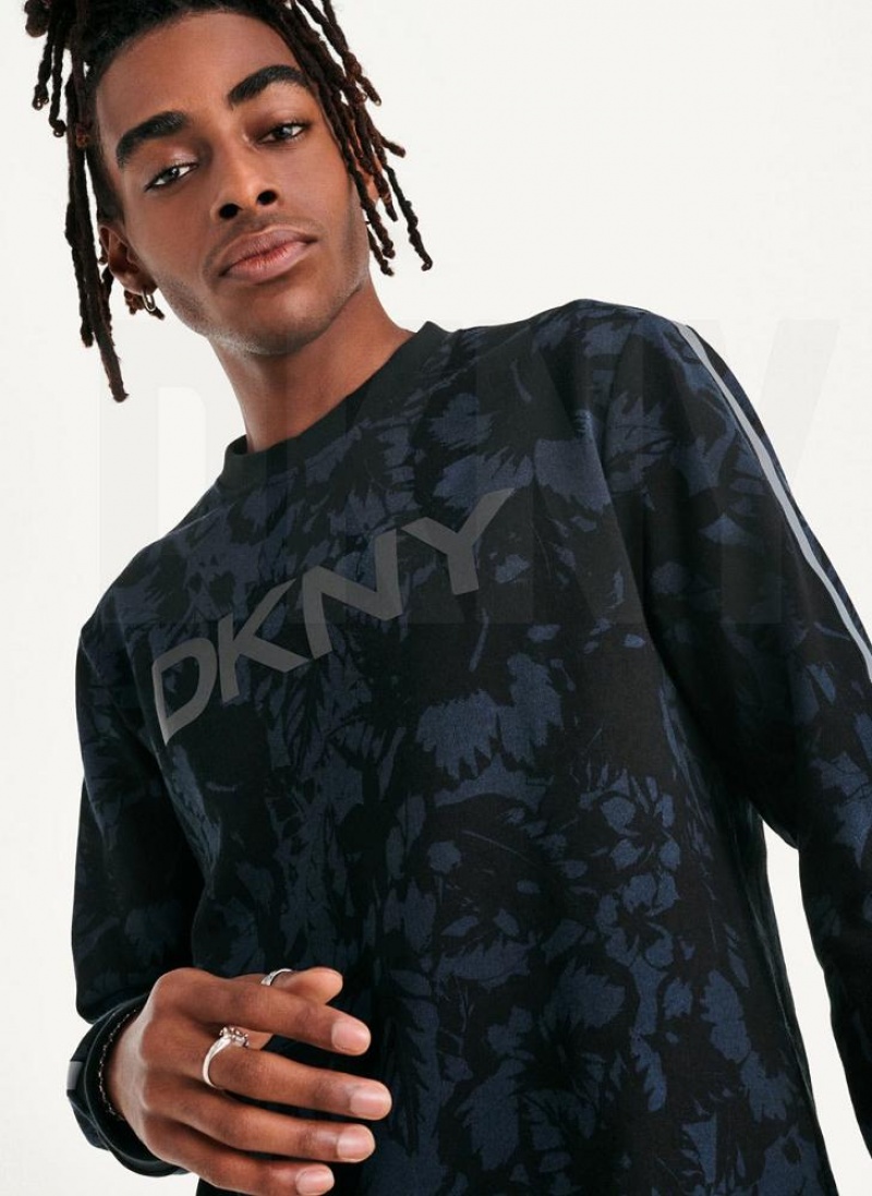 Indigo DKNY Tropical Print French Terry Crewneck Men\'s Sweatshirts | USA-D1094