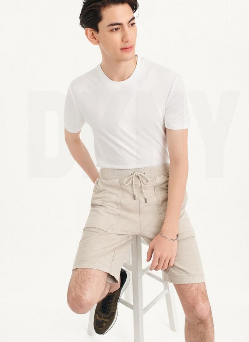 Khaki DKNY Beach Slub Men\'s Shorts | USA-D0375