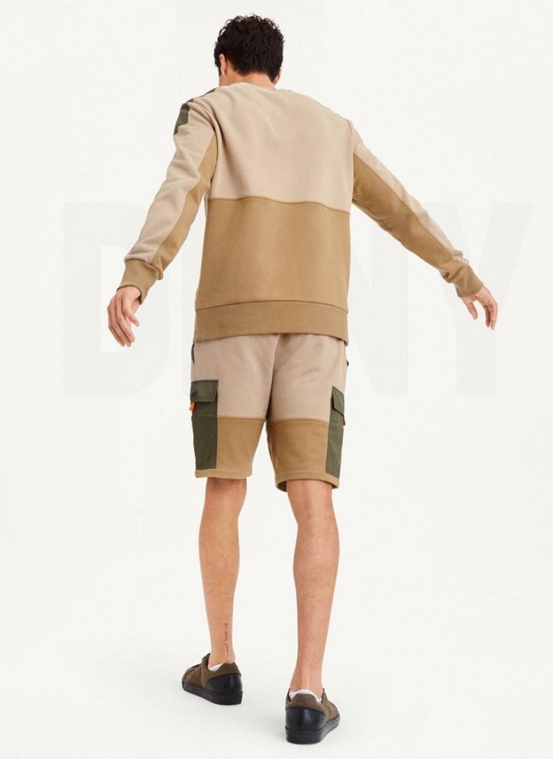 Khaki DKNY Colorblock Crew With Cargo Pocket Men's Sweatshirts | USA-D1238