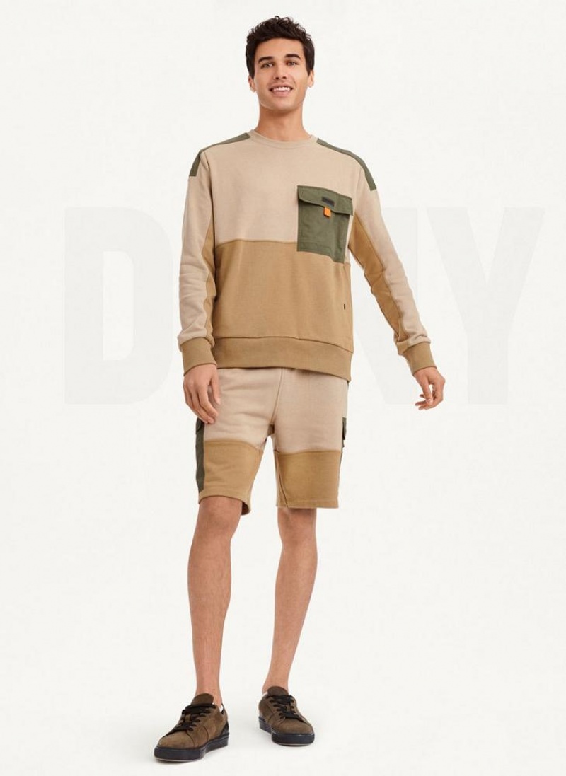 Khaki DKNY Colorblock Crew With Cargo Pocket Men's Sweatshirts | USA-D1238