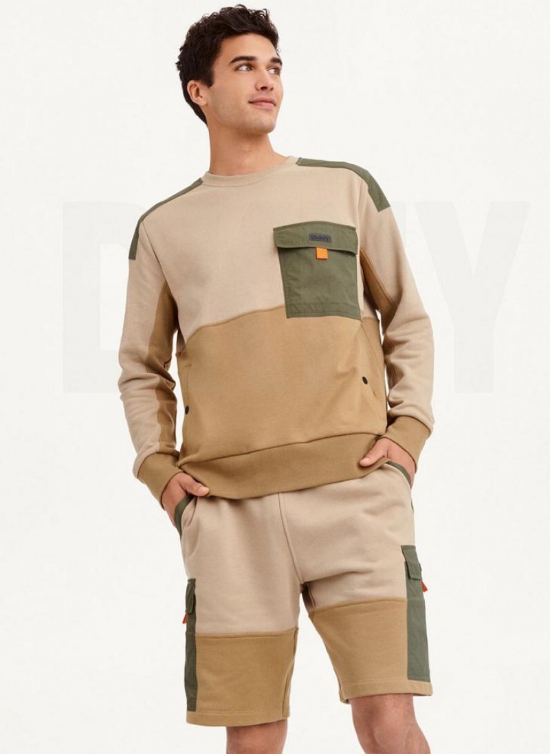 Khaki DKNY Colorblock Crew With Cargo Pocket Men's Sweatshirts | USA-D1238