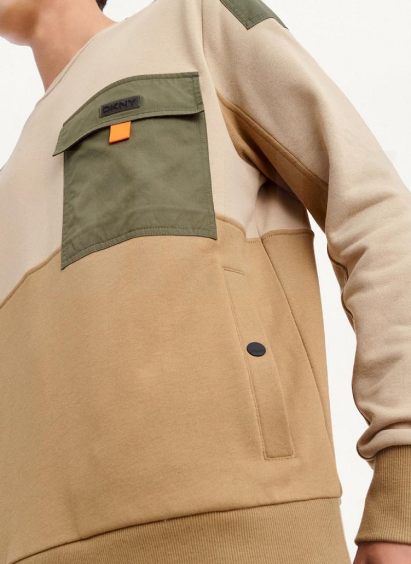 Khaki DKNY Colorblock Crew With Cargo Pocket Men's Sweatshirts | USA-D1238