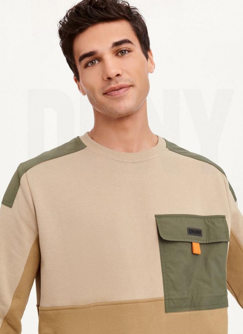 Khaki DKNY Colorblock Crew With Cargo Pocket Men's Sweatshirts | USA-D1238