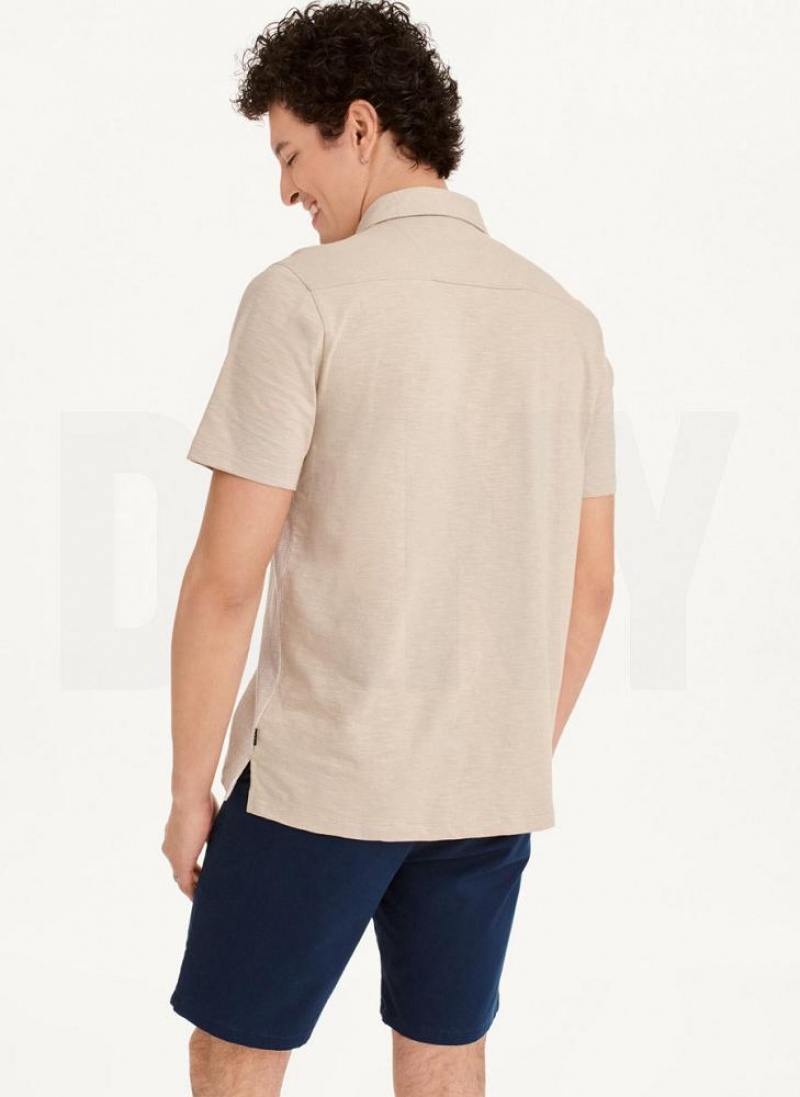 Khaki DKNY Colorblock Plaid Men's Polo Shirts | USA-D0940