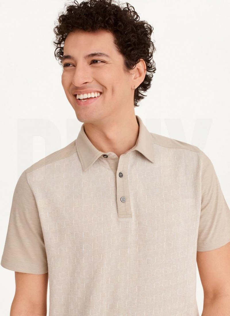 Khaki DKNY Colorblock Plaid Men's Polo Shirts | USA-D0940