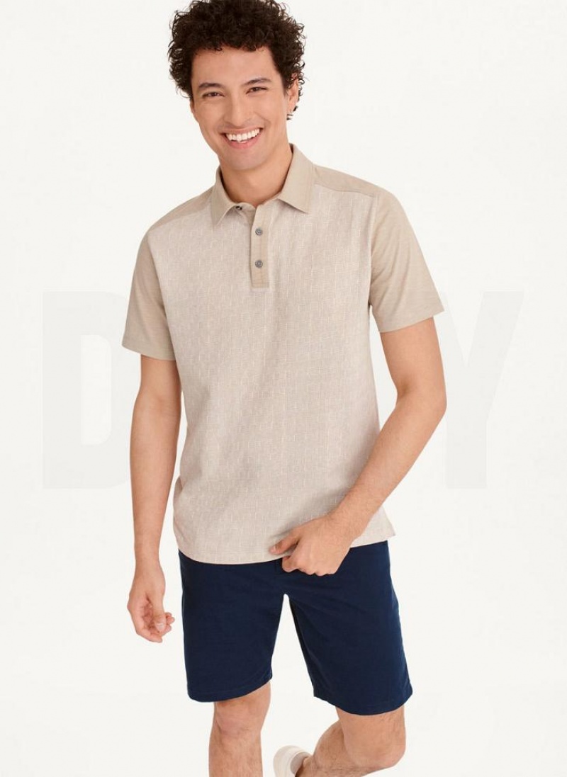 Khaki DKNY Colorblock Plaid Men\'s Polo Shirts | USA-D0940