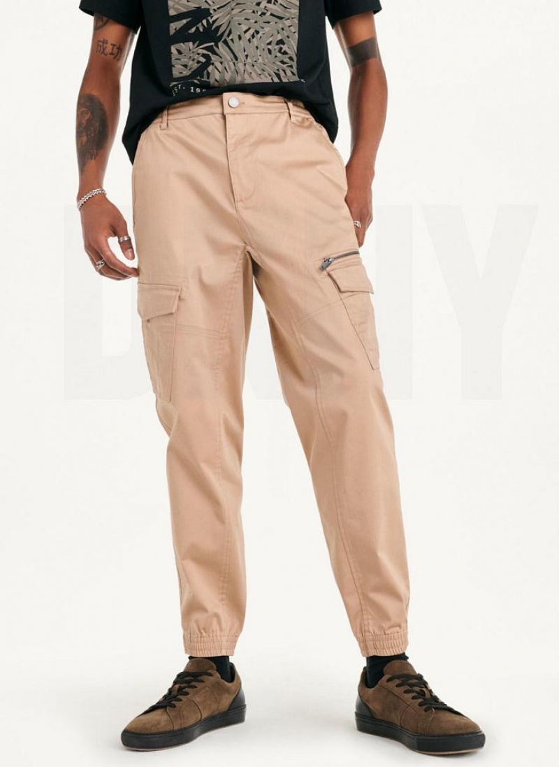 Khaki DKNY Cotton Sateen Men's Joggers | USA-D1562
