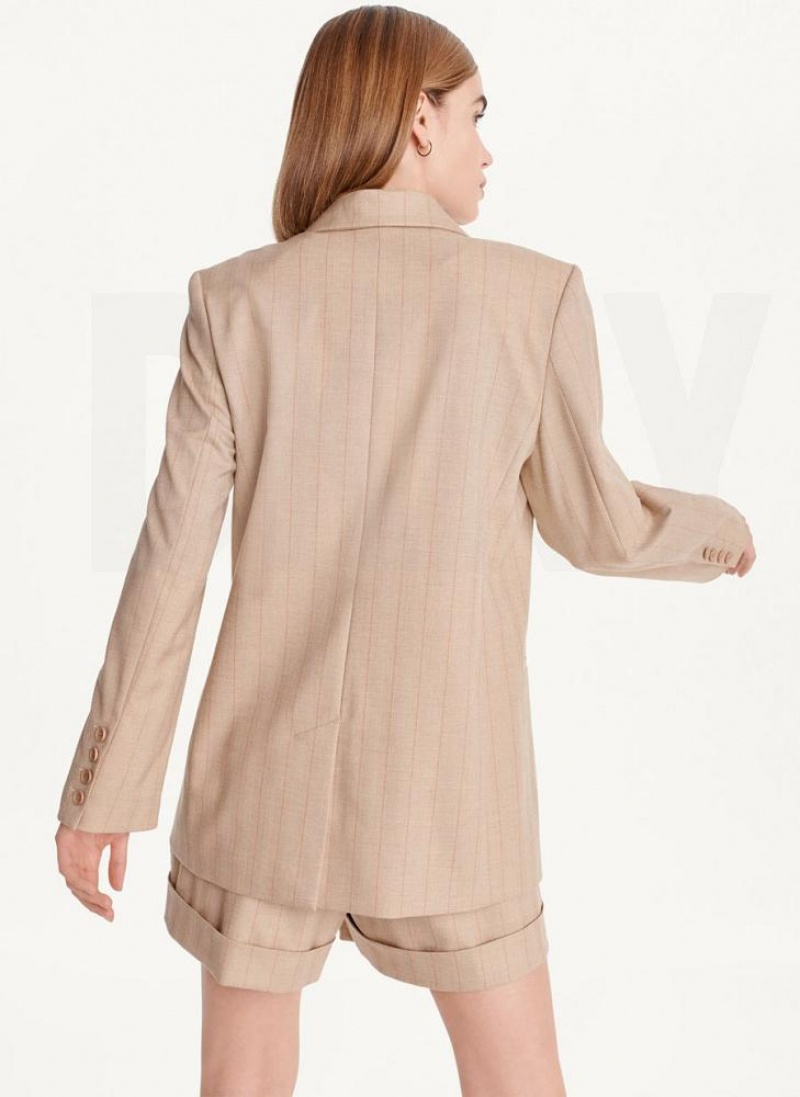 Khaki DKNY Double Breasted Stripe Women's Blazers | USA-D0385