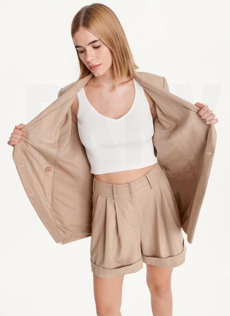 Khaki DKNY Double Breasted Stripe Women's Blazers | USA-D0385