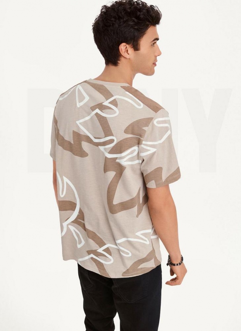 Khaki DKNY Leaves Print Slub Jersey Men's T Shirts | USA-D1753