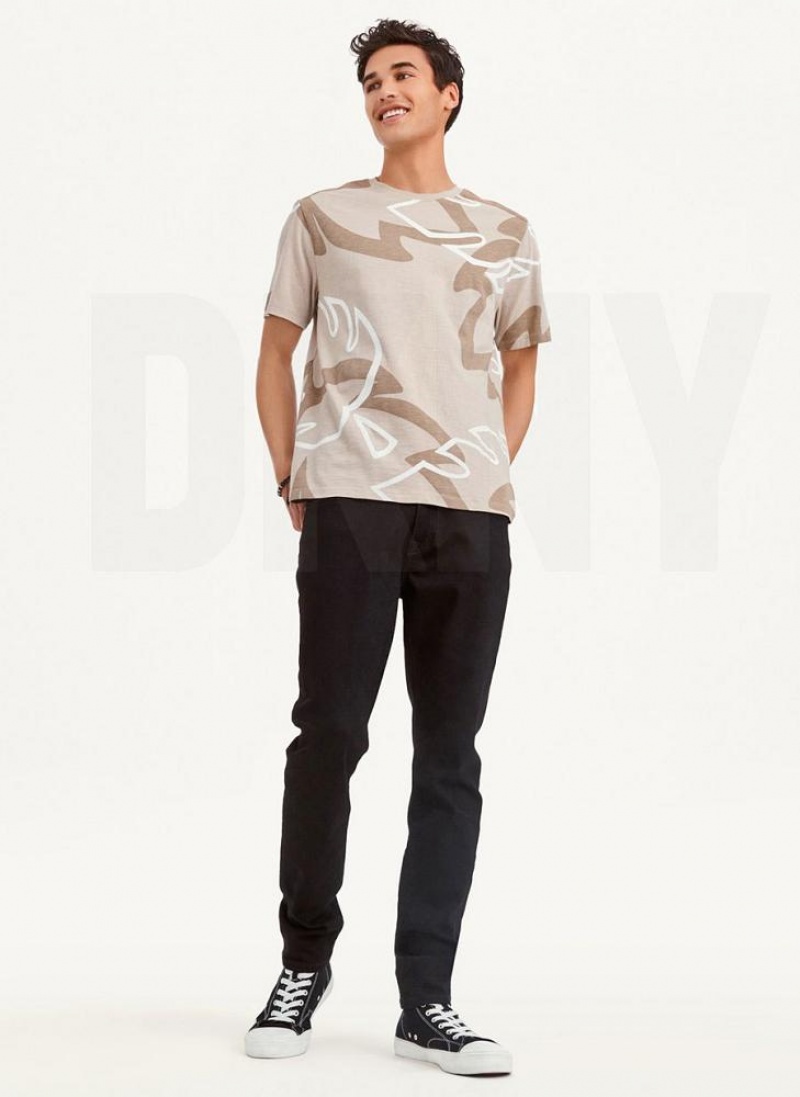 Khaki DKNY Leaves Print Slub Jersey Men's T Shirts | USA-D1753