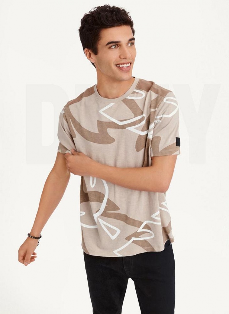 Khaki DKNY Leaves Print Slub Jersey Men's T Shirts | USA-D1753